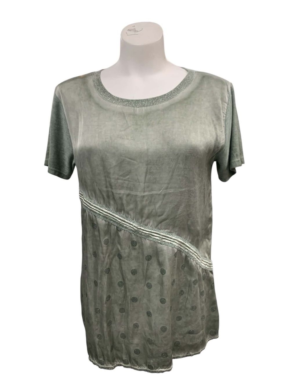 Femme Fatale Italy Short Sleeve Olive Green Embellished Tunic Top Size M